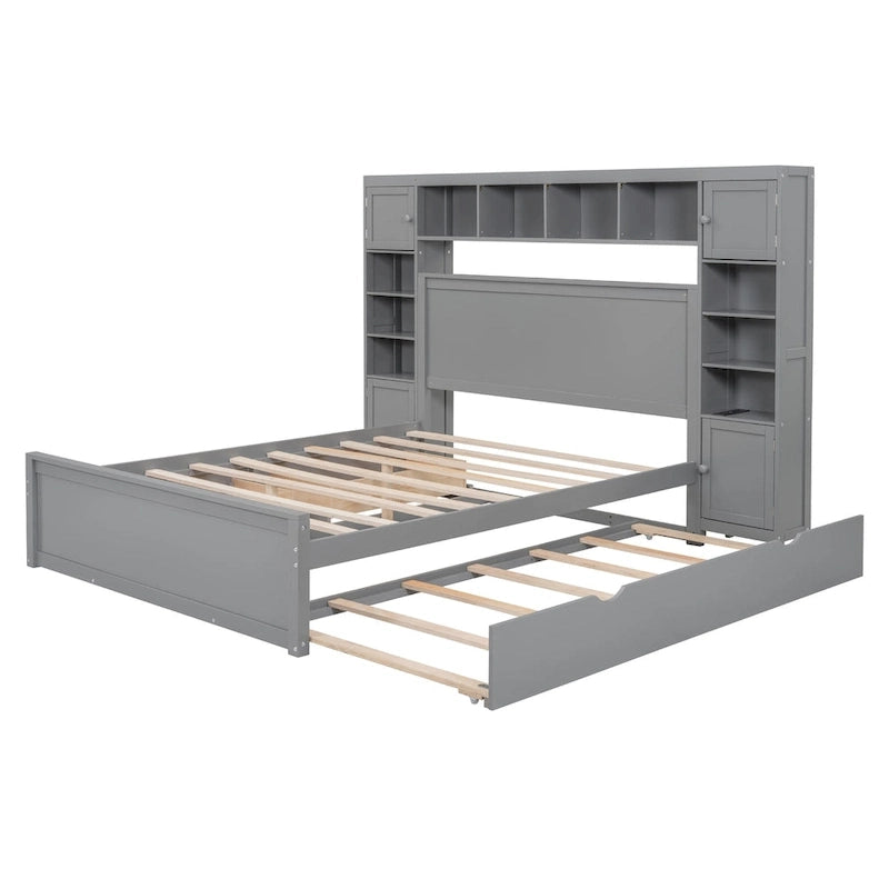 Queen Size Wooden Bed With All-in-One Cabinet, Shelf and Sockets, Espresso