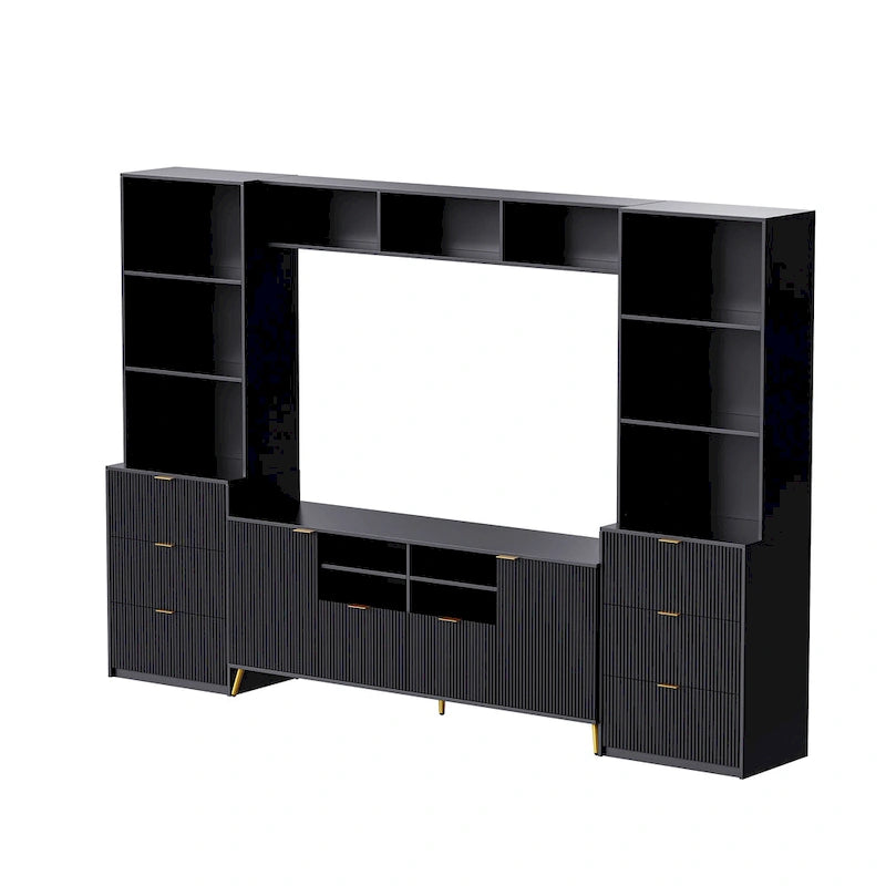 U-Can 4-Piece Entertainment Wall Unit with 13 shelves,8 Drawers and 2 Cabinets, Multifunctional TV Stand Media Storage Cabinet w