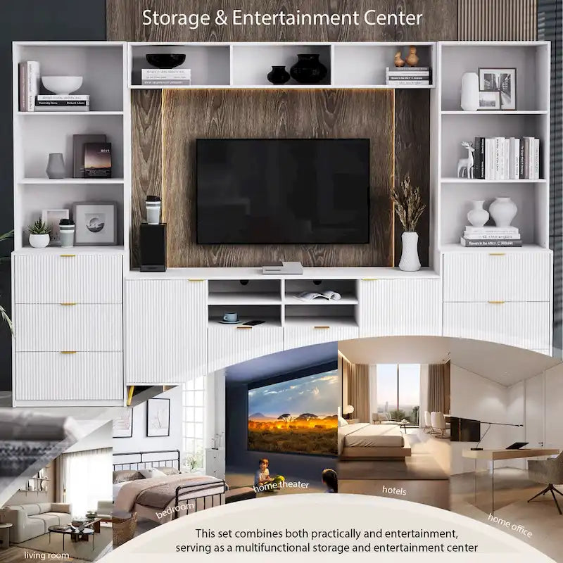 U-Can 4-Piece Entertainment Wall Unit with 13 shelves,8 Drawers and 2 Cabinets, Multifunctional TV Stand Media Storage Cabinet w