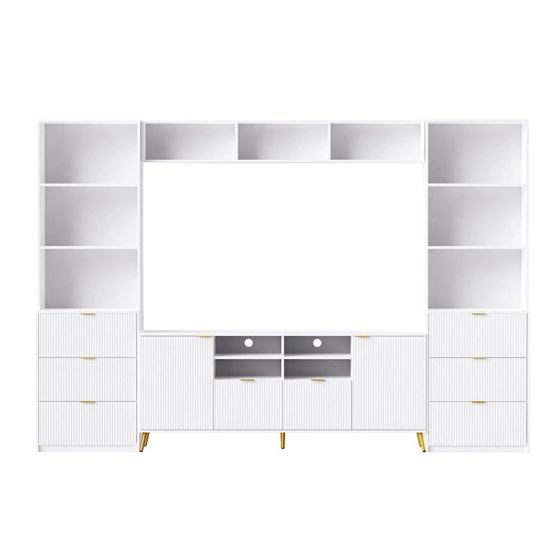 U-Can 4-Piece Entertainment Wall Unit with 13 shelves,8 Drawers and 2 Cabinets, Multifunctional TV Stand Media Storage Cabinet w