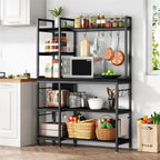 Brown Industrial Wood Bakers Rack with Storage,Black Modern Microwave Oven Stand,5-Tier Kitchen Utility Storage Shelf