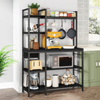 Brown Industrial Wood Bakers Rack with Storage,Black Modern Microwave Oven Stand,5-Tier Kitchen Utility Storage Shelf