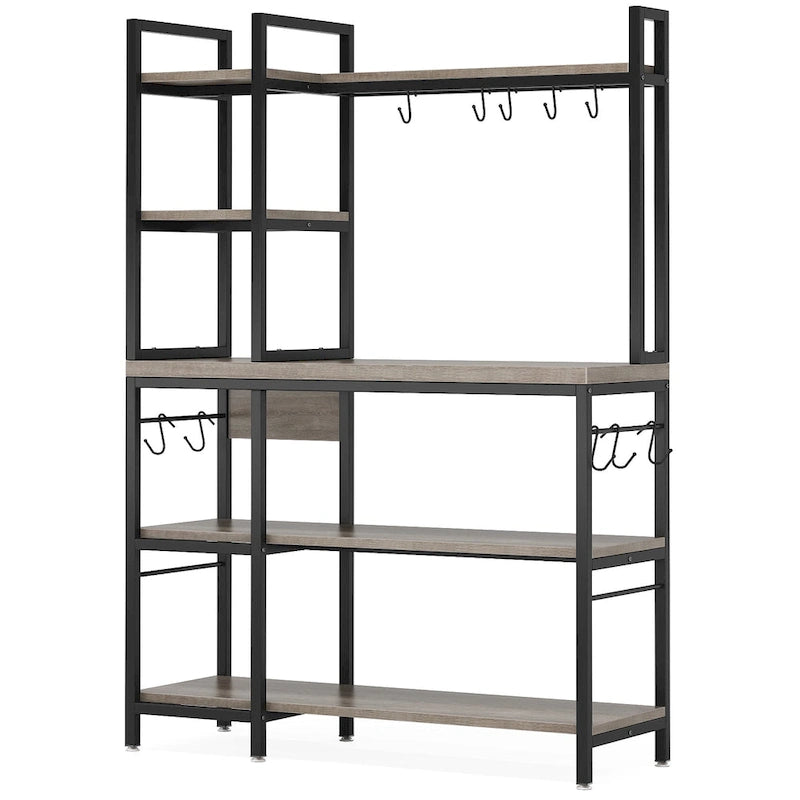 Brown Industrial Wood Bakers Rack with Storage,Black Modern Microwave Oven Stand,5-Tier Kitchen Utility Storage Shelf