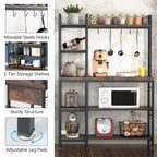 Brown Industrial Wood Bakers Rack with Storage,Black Modern Microwave Oven Stand,5-Tier Kitchen Utility Storage Shelf