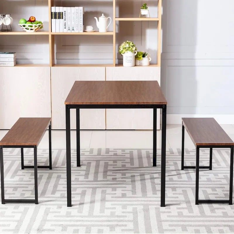 3 Piece Kitchen Table Set with Two Benches Dining Room Table Set 4