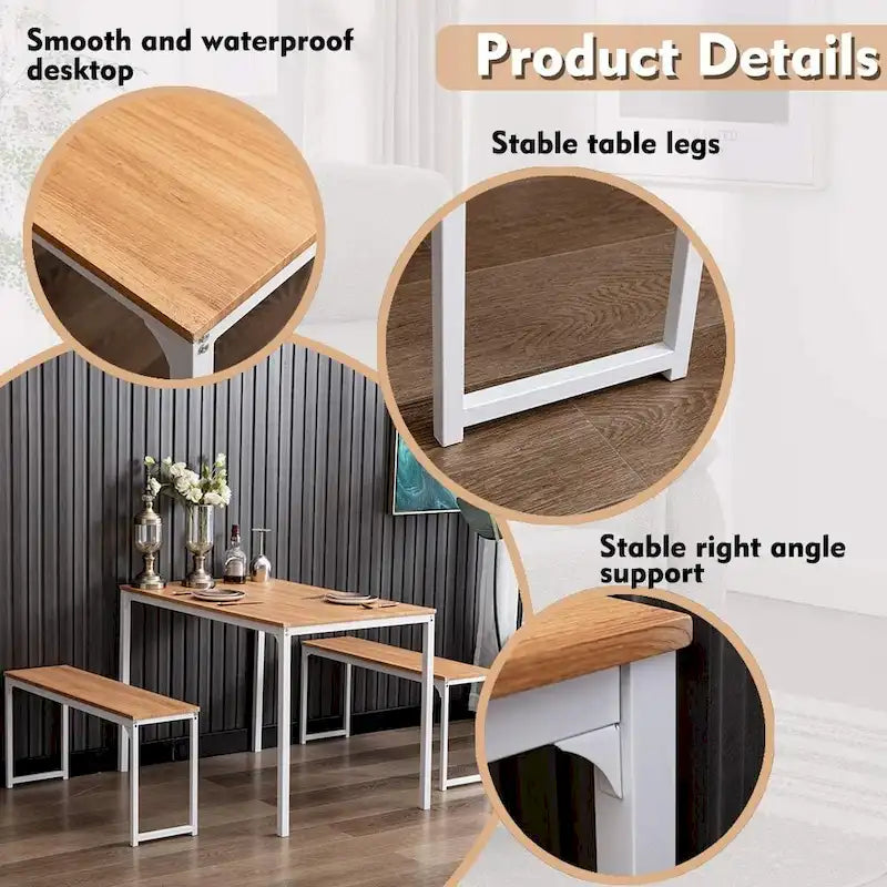 3 Piece Kitchen Table Set with Two Benches Dining Room Table Set 4