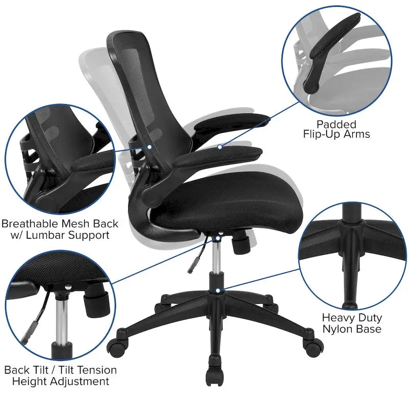 Mid-Back Mesh Swivel Ergonomic Task Office Chair with Flip-Up Arms