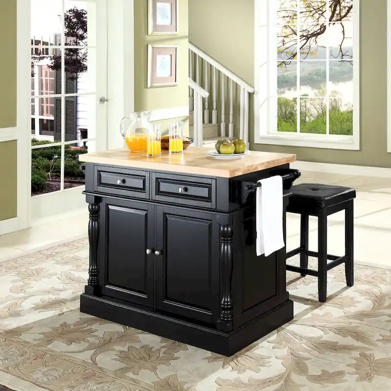 Crosley Oxford Butcher Block Top Kitchen Island in Black Finish with Stools - 47.75 W x 23 D x 35.75 H