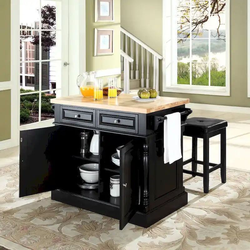 Crosley Oxford Butcher Block Top Kitchen Island in Black Finish with Stools - 47.75 W x 23 D x 35.75 H