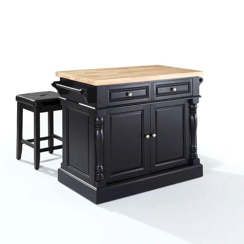Crosley Oxford Butcher Block Top Kitchen Island in Black Finish with Stools - 47.75 W x 23 D x 35.75 H