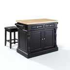 Crosley Oxford Butcher Block Top Kitchen Island in Black Finish with Stools - 47.75 W x 23 D x 35.75 H