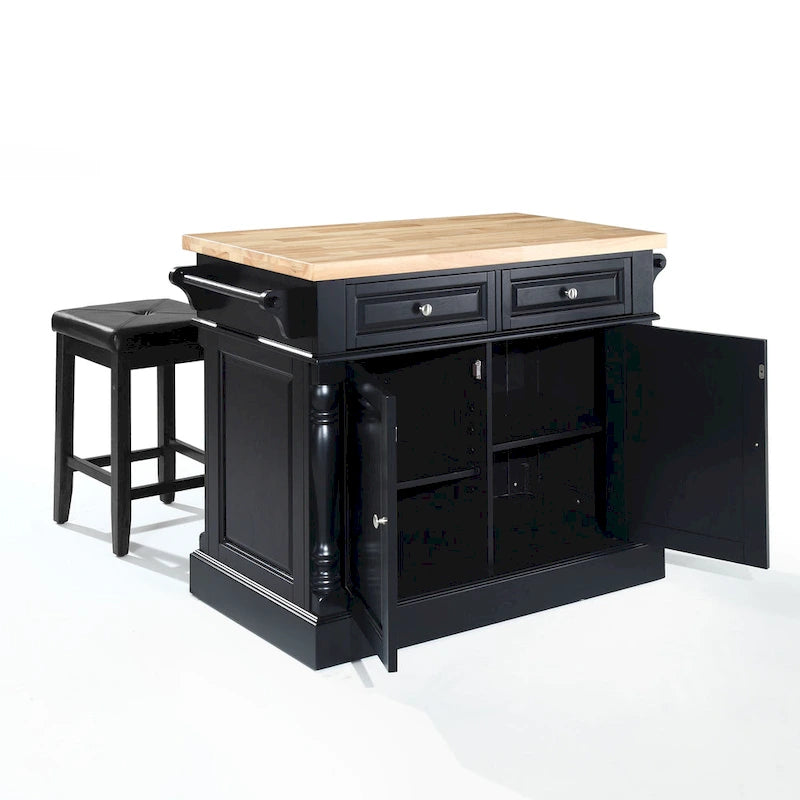 Crosley Oxford Butcher Block Top Kitchen Island in Black Finish with Stools - 47.75 W x 23 D x 35.75 H