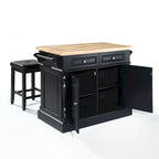 Crosley Oxford Butcher Block Top Kitchen Island in Black Finish with Stools - 47.75 W x 23 D x 35.75 H