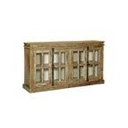 Brown 4-Door Credenza with Wrought Iron Hardware and Glass Panels