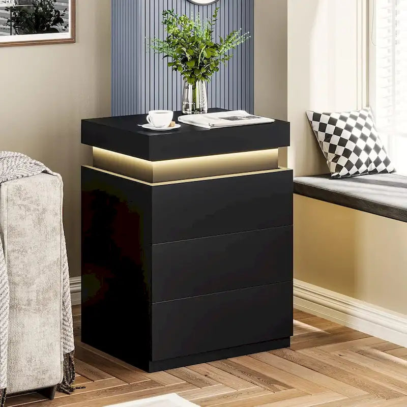 Bedroom Nightstand with Charging Station and LED Lights Sliding Top