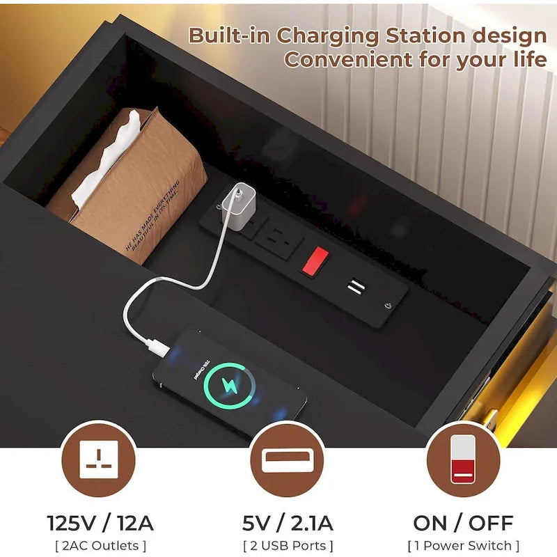 Bedroom Nightstand with Charging Station and LED Lights Sliding Top