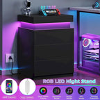 Bedroom Nightstand with Charging Station and LED Lights Sliding Top