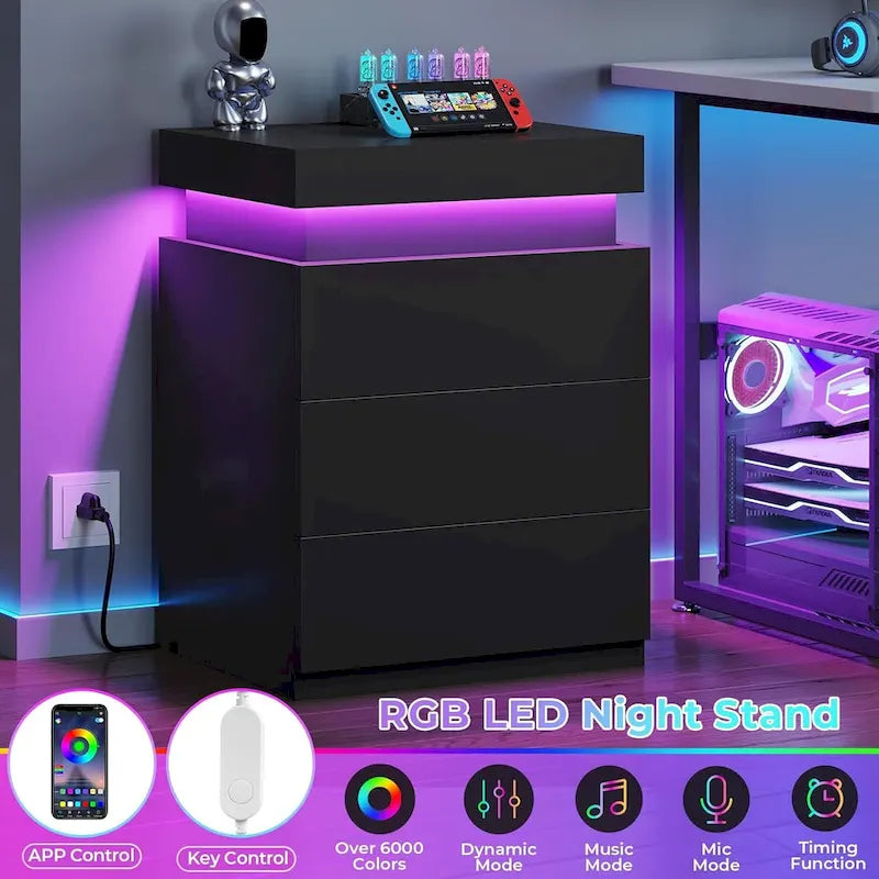 Bedroom Nightstand with Charging Station and LED Lights Sliding Top