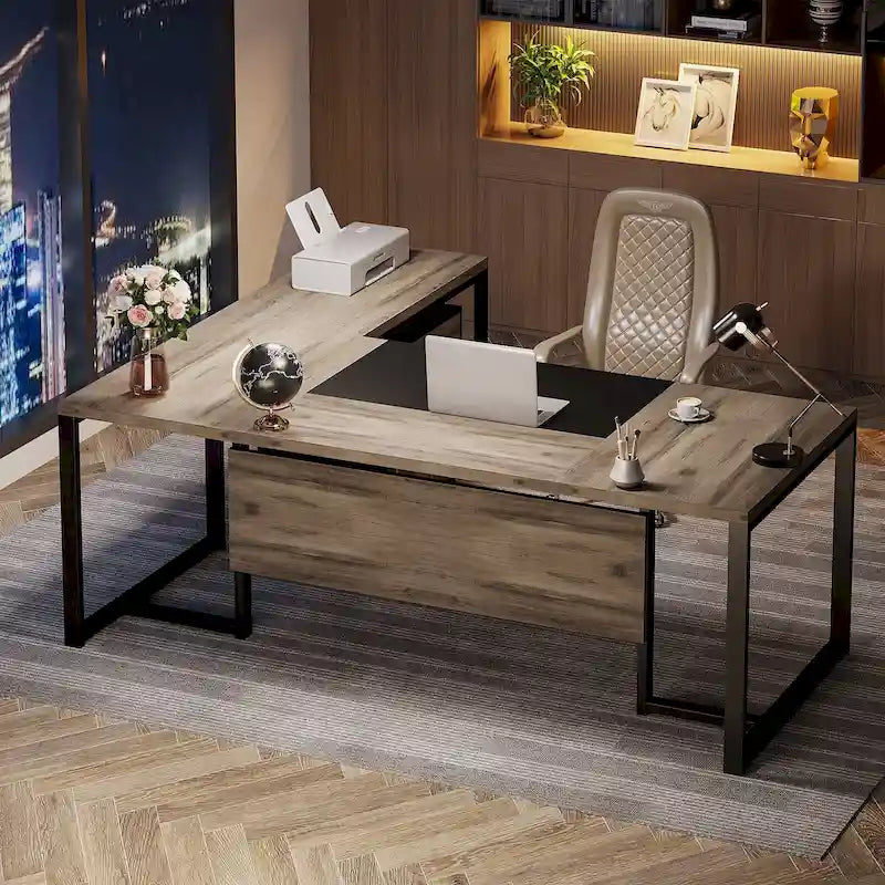 70.8 Inch Executive Desk with File Cabinet Large L Shaped Office Executive Desk Computer Desk