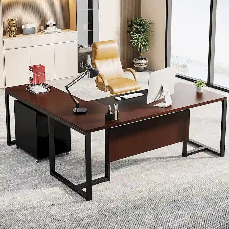 70.8 Inch Executive Desk with File Cabinet Large L Shaped Office Executive Desk Computer Desk
