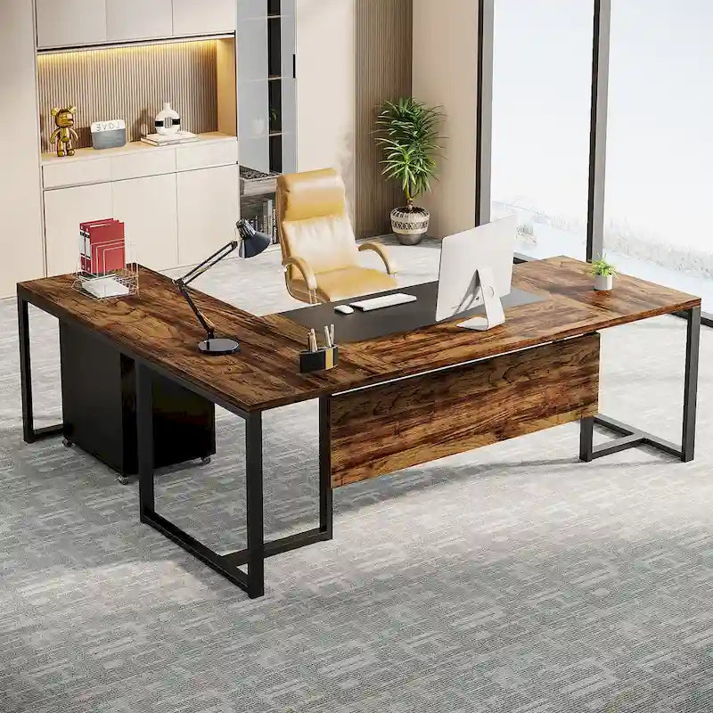 70.8 Inch Executive Desk with File Cabinet Large L Shaped Office Executive Desk Computer Desk