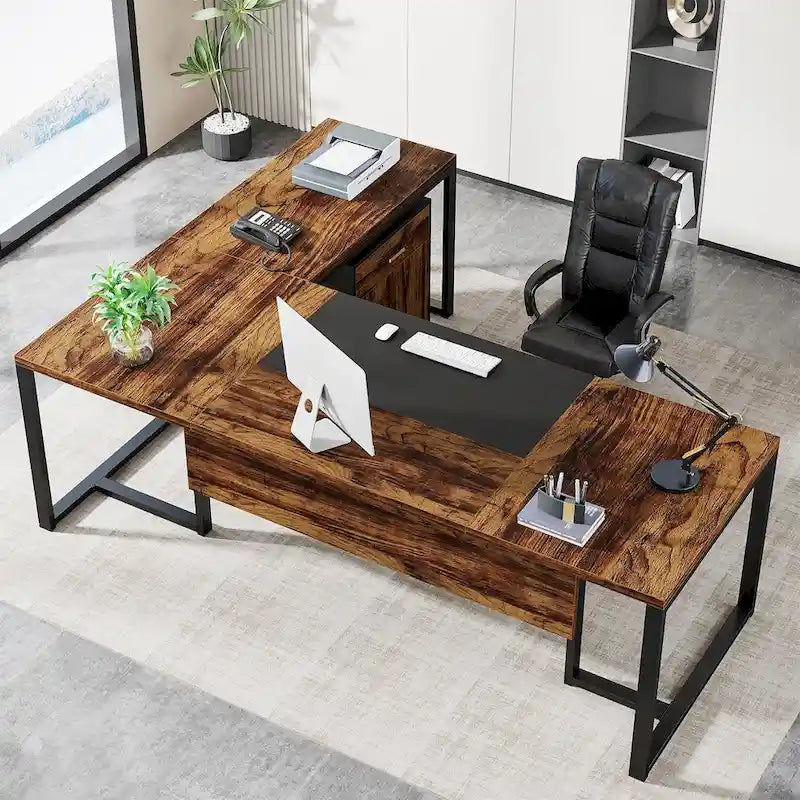 70.8 Inch Executive Desk with File Cabinet Large L Shaped Office Executive Desk Computer Desk