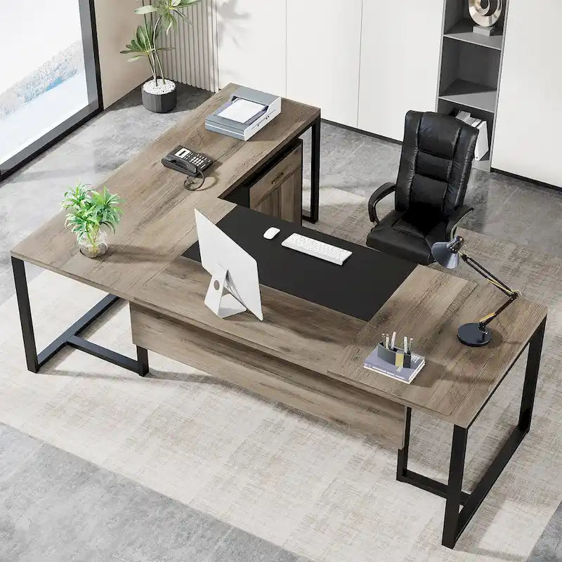 70.8 Inch Executive Desk with File Cabinet Large L Shaped Office Executive Desk Computer Desk