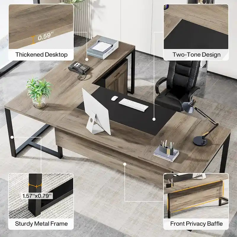 70.8 Inch Executive Desk with File Cabinet Large L Shaped Office Executive Desk Computer Desk