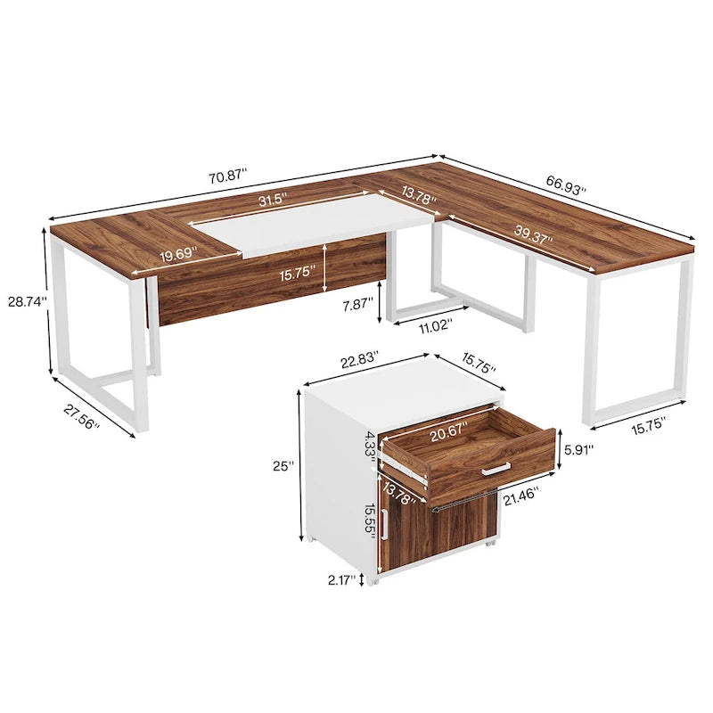 70.8 Inch Executive Desk with File Cabinet Large L Shaped Office Executive Desk Computer Desk