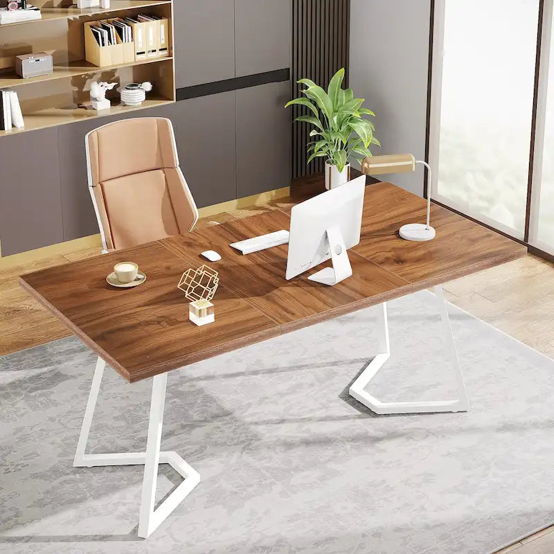 Home Office Computer Desk, White Gold 55 In Faux Marble Executive Desk