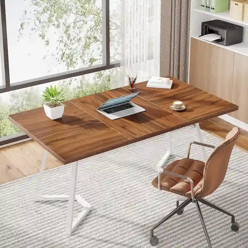 Home Office Computer Desk, White Gold 55 In Faux Marble Executive Desk