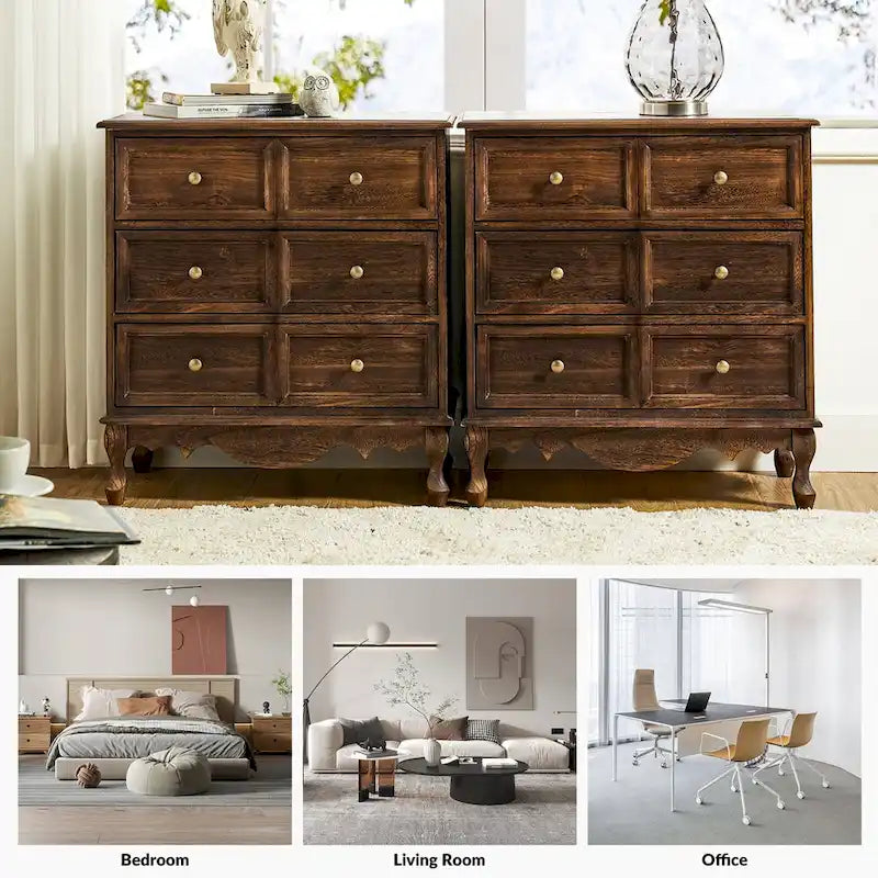 Pallantium Farmhouse 30Tall Distressed 3-Drawer Nightstand With Solid Wood Legs and Adjustable Feet Set Of 2 by HULALA HOME