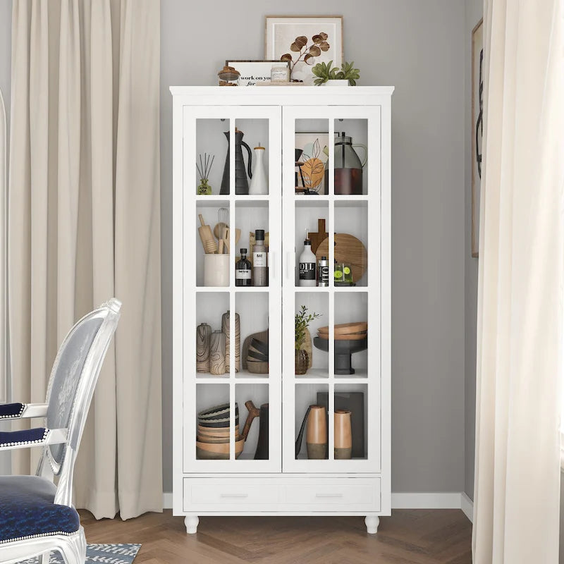 White Bookcase with Glass Doors Display Cabinet Bookshelf Organizer - 70.9Hx36.2W