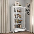 White Bookcase with Glass Doors Display Cabinet Bookshelf Organizer - 70.9Hx36.2W