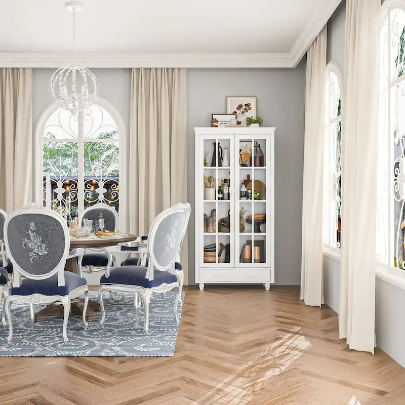 White Bookcase with Glass Doors Display Cabinet Bookshelf Organizer - 70.9Hx36.2W