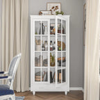 White Bookcase with Glass Doors Display Cabinet Bookshelf Organizer - 70.9Hx36.2W