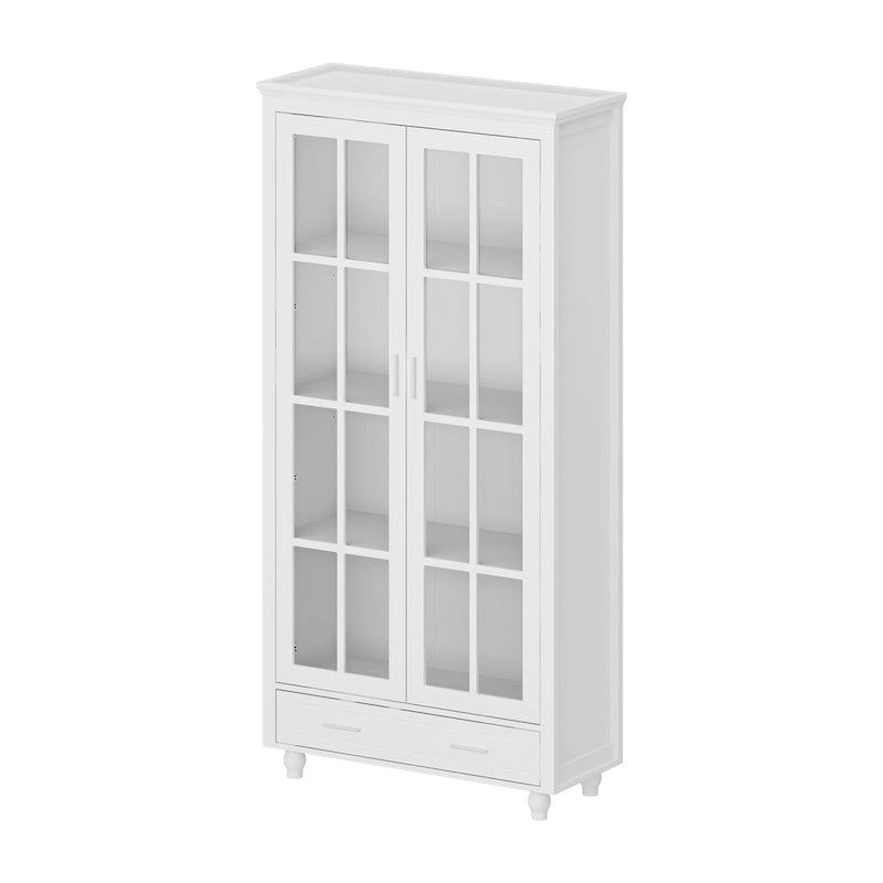 White Bookcase with Glass Doors Display Cabinet Bookshelf Organizer - 70.9Hx36.2W