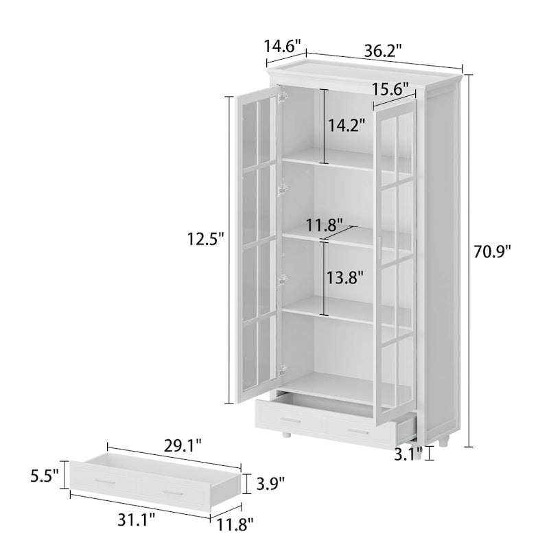 White Bookcase with Glass Doors Display Cabinet Bookshelf Organizer - 70.9Hx36.2W