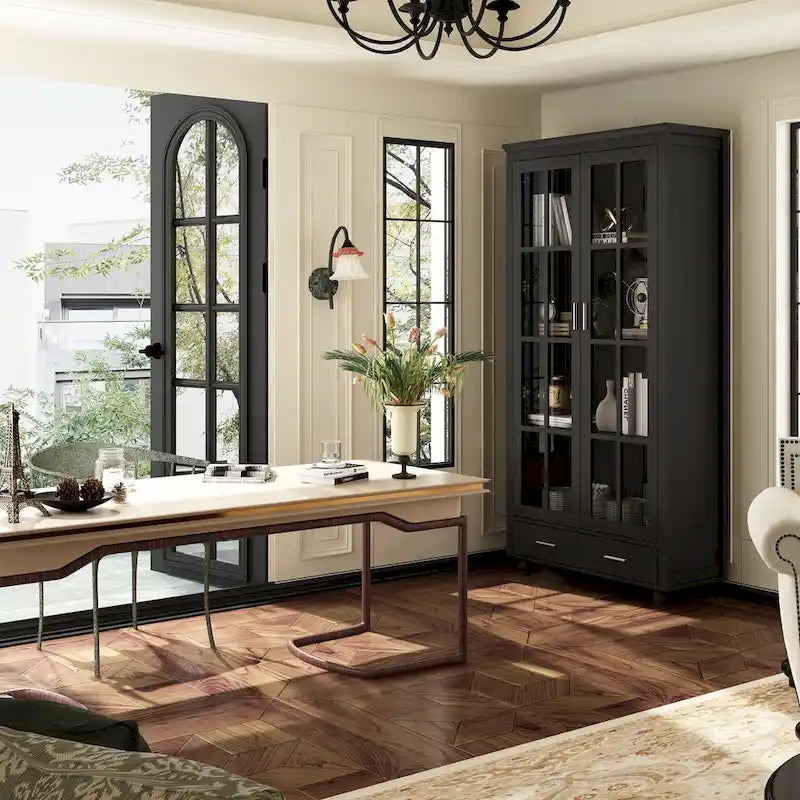 White Bookcase with Glass Doors Display Cabinet Bookshelf Organizer - 70.9Hx36.2W