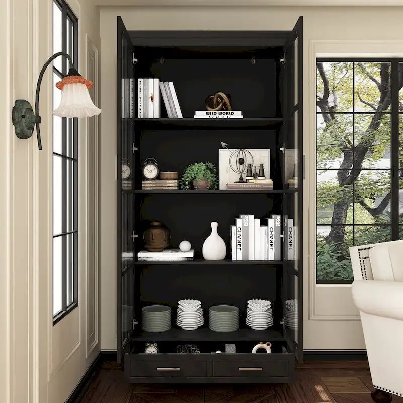 White Bookcase with Glass Doors Display Cabinet Bookshelf Organizer - 70.9Hx36.2W