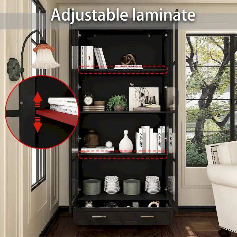 White Bookcase with Glass Doors Display Cabinet Bookshelf Organizer - 70.9Hx36.2W