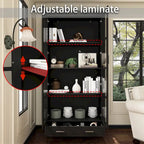 White Bookcase with Glass Doors Display Cabinet Bookshelf Organizer - 70.9Hx36.2W