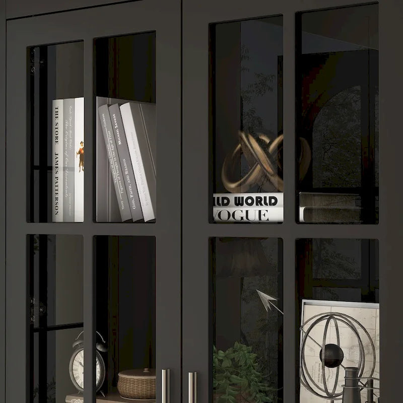 White Bookcase with Glass Doors Display Cabinet Bookshelf Organizer - 70.9Hx36.2W