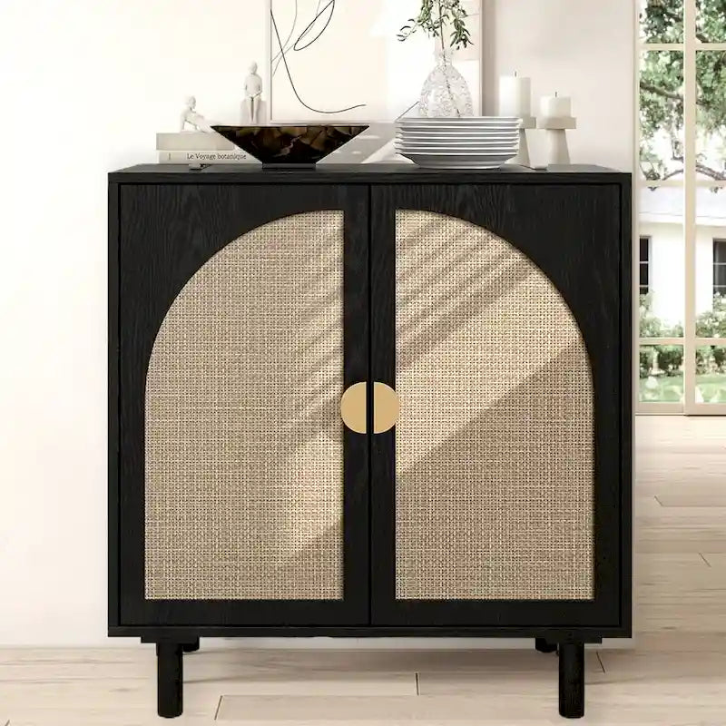 Rattan Storage Accent Cabinet with Doors, Sideboard Buffet Cabinet - 29.53Lx15.75Wx31.5H