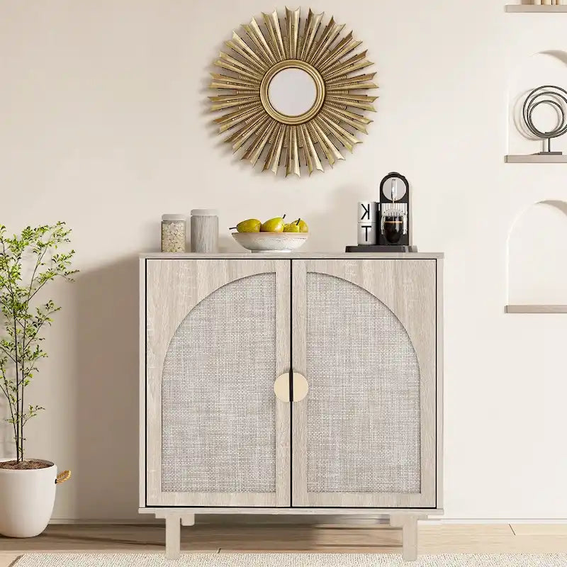 Rattan Storage Accent Cabinet with Doors, Sideboard Buffet Cabinet - 29.53Lx15.75Wx31.5H
