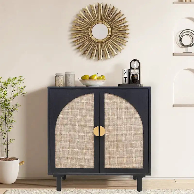 Rattan Storage Accent Cabinet with Doors, Sideboard Buffet Cabinet - 29.53Lx15.75Wx31.5H