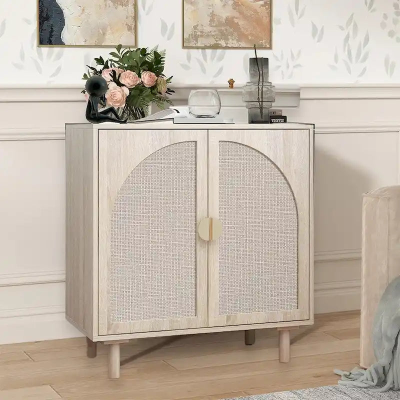 Rattan Storage Accent Cabinet with Doors, Sideboard Buffet Cabinet - 29.53Lx15.75Wx31.5H