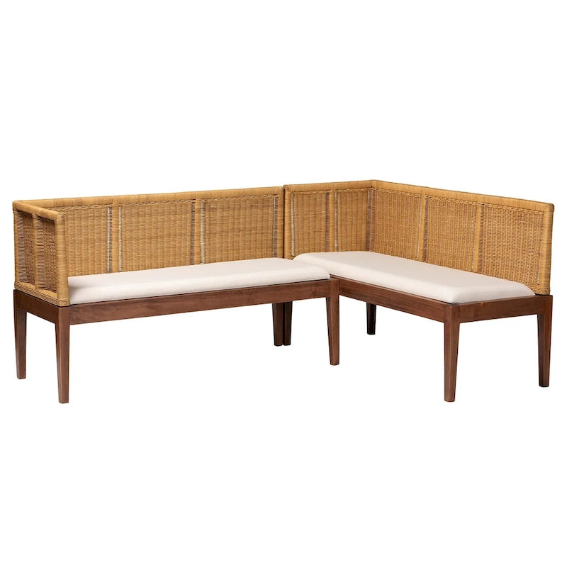 Tabanan Modern Bohemian Nautral Brown Rattan and Brown Acacia Wood 2-Piece Dining Nook Banquette Set