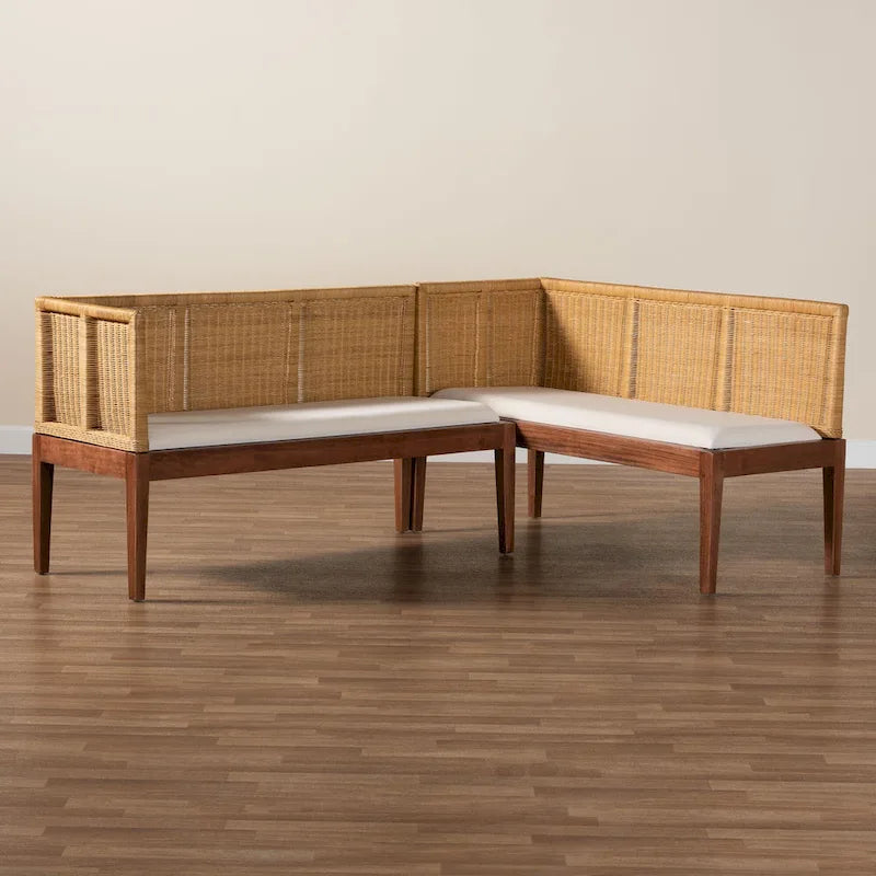 Tabanan Modern Bohemian Nautral Brown Rattan and Brown Acacia Wood 2-Piece Dining Nook Banquette Set