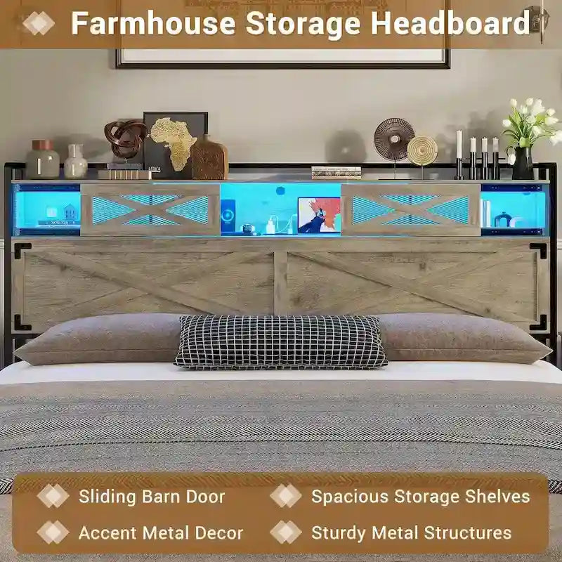 Farmhouse Bed Frame Storage Headboard Sliding Barn Door